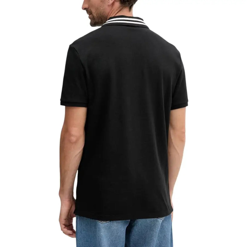 Black polo shirt with white stripes on collar and cuffs, made of cotton.