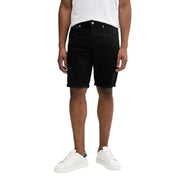 Black denim shorts with white stitching and pockets, classic fit.