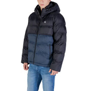 Calvin klein jeans black hooded polyamide jacket for men featuring black and navy blue two-tone quilted puffer design