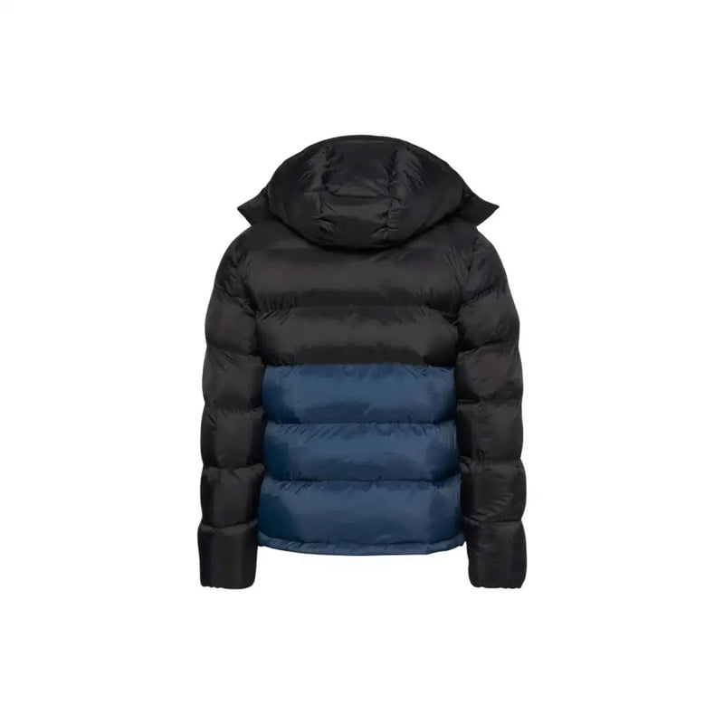 Black and blue quilted puffer jacket with hood, likely made of synthetic material for warmth.