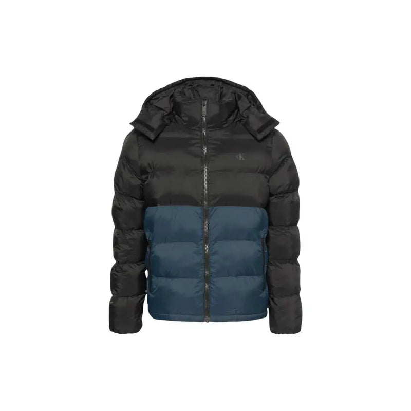 Calvin klein jeans black and navy blue two-tone hooded polyamide puffer jacket for men shown from the front