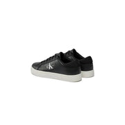 Calvin Klein Jeans black leather sneakers for men with white rubber sole and silver logo on the side