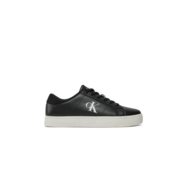 Calvin Klein Jeans black leather sneakers for men with white rubber sole and silver logo on the side