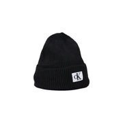 Calvin Klein Jeans black men’s ribbed knit beanie with white ck logo patch for fall winter collection