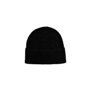 Black beanie hat with ribbed texture and fold-over cuff.