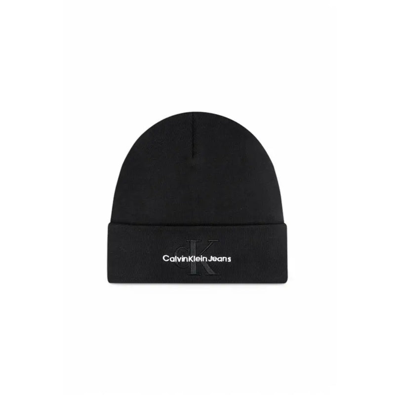 Black calvin klein beanie with white logo and text.