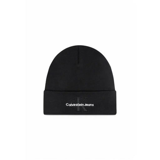Black calvin klein beanie with white logo and text.