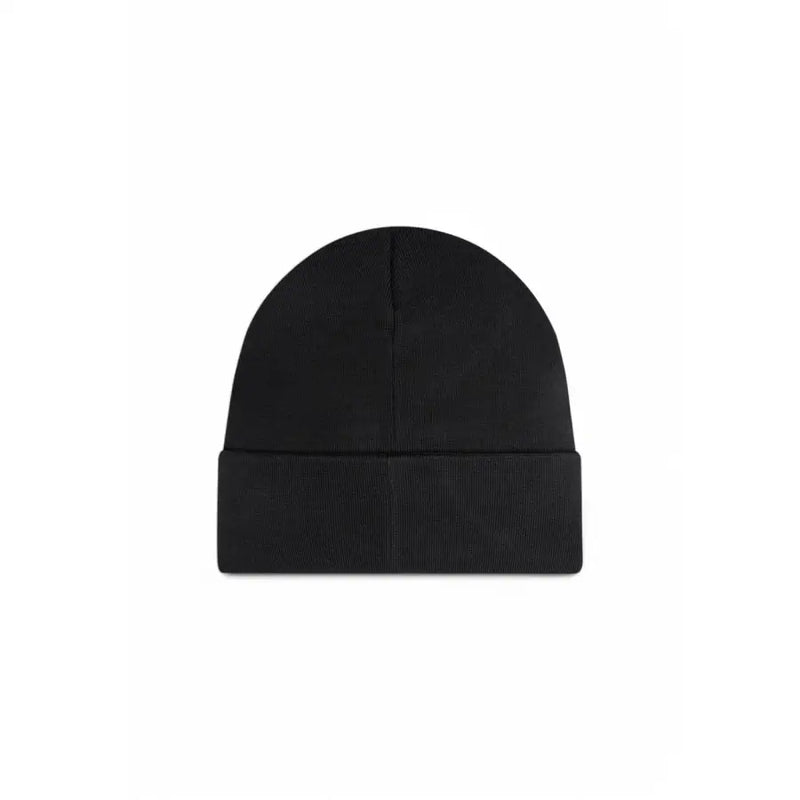 Black beanie hat with fold-over cuff and ribbed texture.