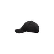 Black baseball cap with white logo, cotton material.