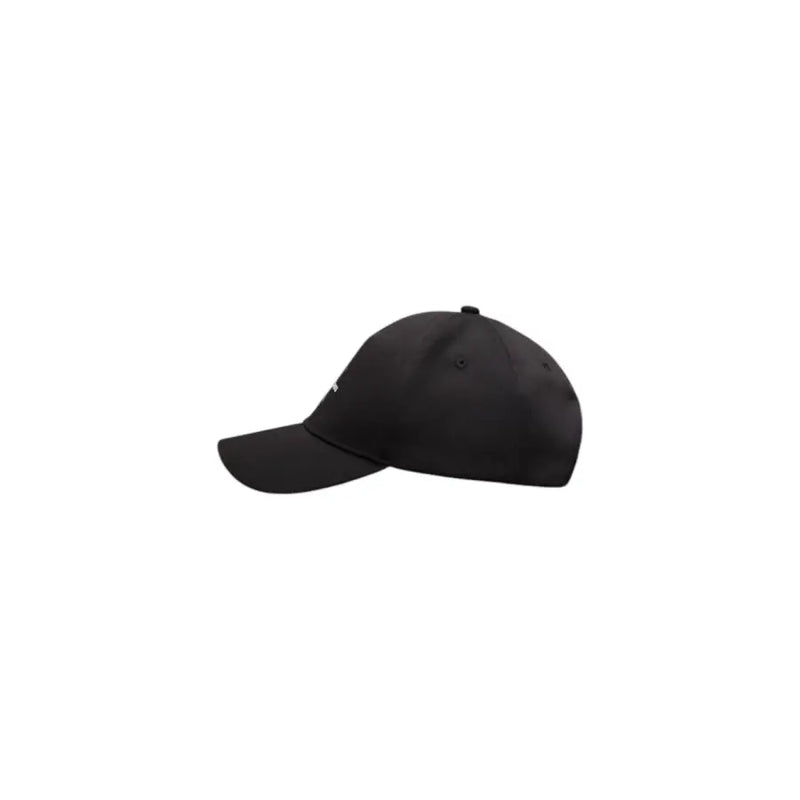 Black baseball cap with white logo, cotton material.