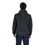 Charcoal gray hooded jacket with black sleeves and zipper details, likely made of nylon or polyester.