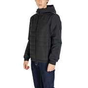 Black puffer jacket with hood and zipper, likely made of synthetic material for warmth.