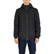Black puffer jacket with hood and zipper, likely made of synthetic material.