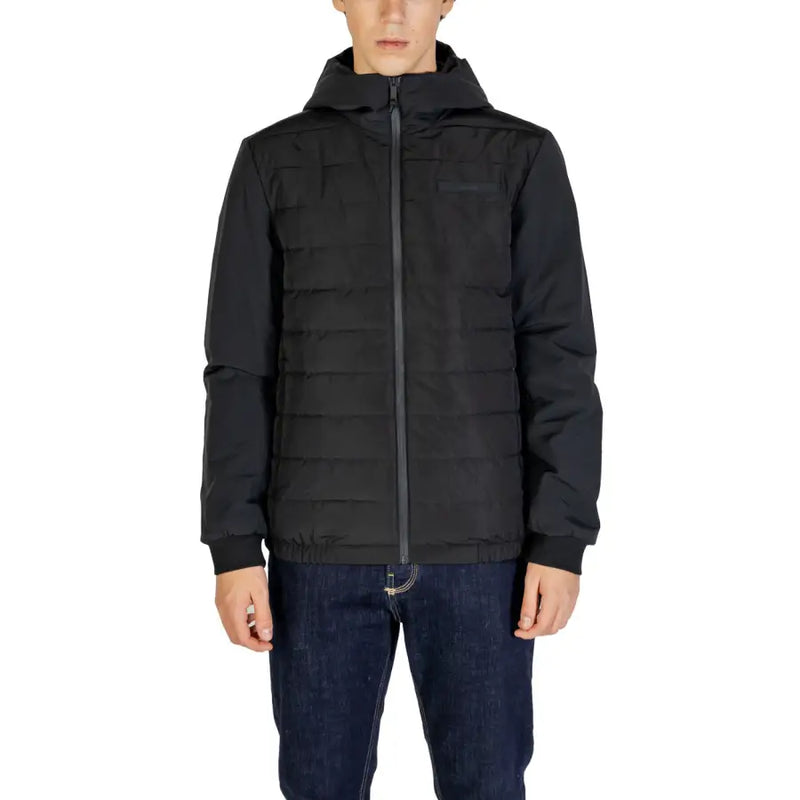 Black puffer jacket with hood and zipper, likely made of synthetic material.