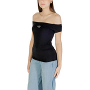 Calvin klein jeans black print boat neck womens top with off-the-shoulder design and subtle embroidered logo on chest