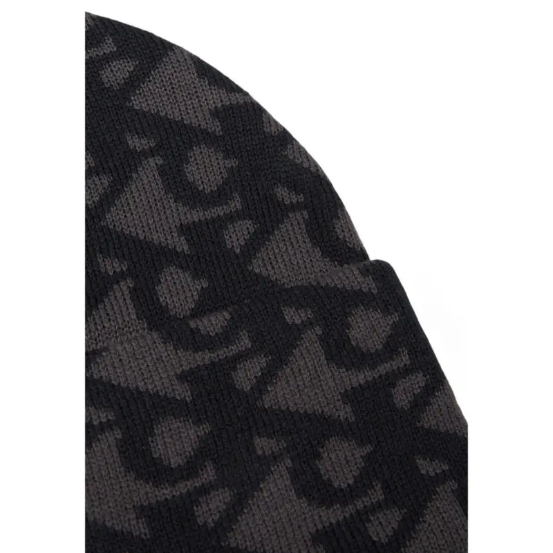 Black and gray camouflage beanie hat with a textured pattern.
