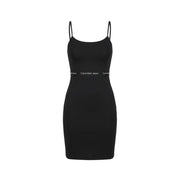 Calvin Klein Jeans black sleeveless cotton dress with spaghetti straps and white logo band around the waist