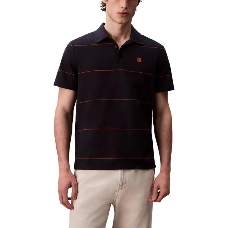 Lacoste navy and maroon striped polo shirt with red crocodile logo.
