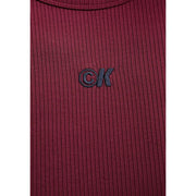Calvin Klein Jeans Bordeaux modal dress for women in maroon ribbed knit with dark gray embroidered ck logo