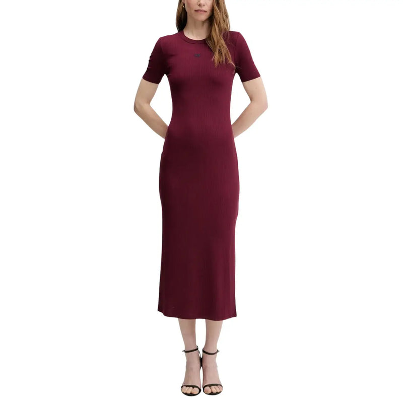 A sleek maroon Calvin Klein Jeans bordeaux modal dress for women with short sleeves and a round neckline