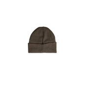 Olive green beanie with ribbed cuff and fold-over edge.