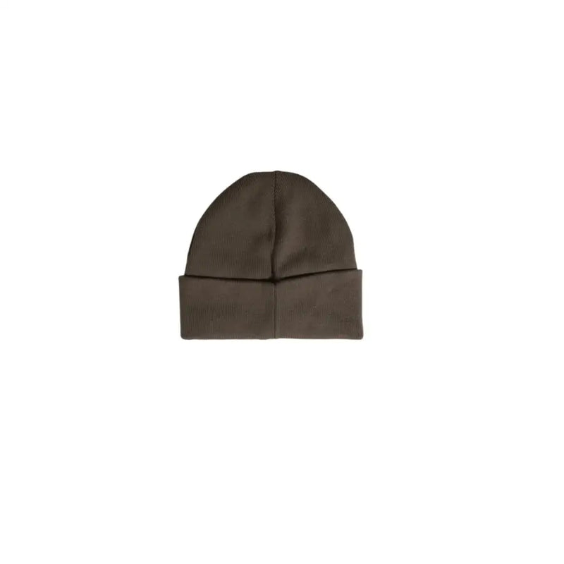 Olive green beanie with ribbed cuff and fold-over edge.