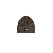 Olive green calvin klein beanie with logo patch.