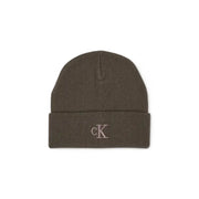 Olive green calvin klein beanie with embroidered logo.