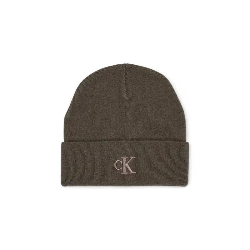 Olive green calvin klein beanie with embroidered logo.