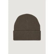 Olive green ribbed beanie hat with fold-over cuff, likely made of wool or acrylic.