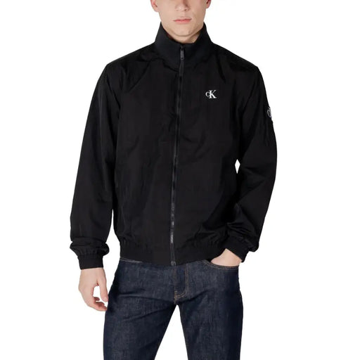 Men’s black Calvin Klein zip-up jacket displayed in Calvin Klein Jeans Green Zip Front Mens Long Blazer product image