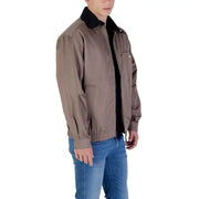 Brown bomber jacket with black collar and pockets, likely made of cotton or polyester blend.
