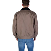 Brown bomber jacket with black collar and cuffs, made of nylon material.
