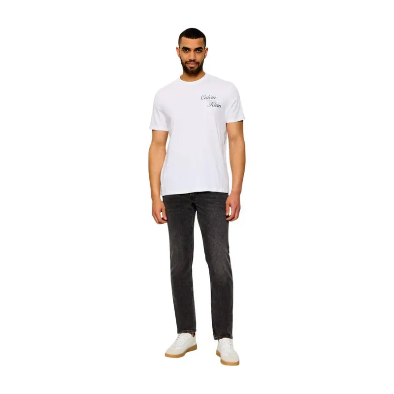 Calvin Klein blanc t-shirt jean beige en coton coupe classique avec logo discret en écriture cursive pour homme