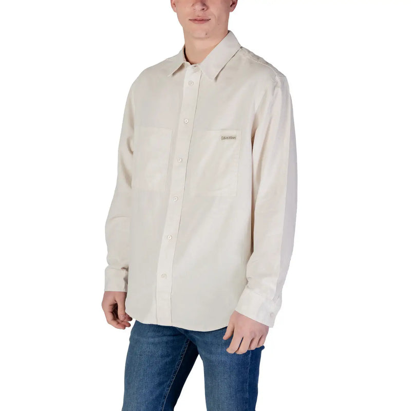 Calvin Klein Jeans men beige cotton shirt with long sleeves textured fabric and branded patch spring summer wear