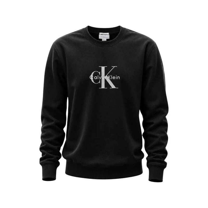 Calvin Klein Jeans Sweat-shirt noir en coton pour homme, col rond, avec logo CK blanc et nom de la marque centrés sur la poitrine