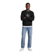 Calvin Klein Jeans Sweat-shirt noir en coton pour homme, col rond, logo blanc et poignets côtelés