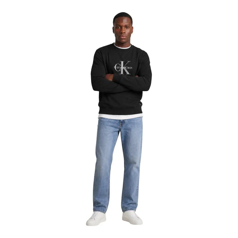 Calvin Klein Jeans Sweat-shirt noir en coton pour homme, col rond, logo blanc et poignets côtelés