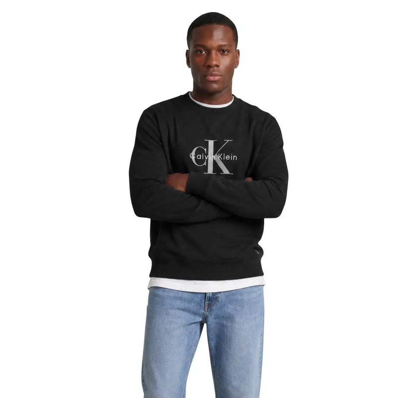 Calvin Klein Jeans Sweat-shirt noir en coton pour homme, col rond, avec logo CK blanc entrelacé et inscription Calvin Klein sur la poitrine
