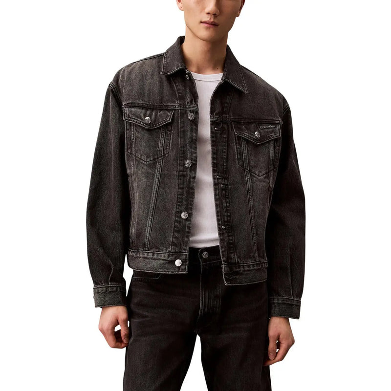 Calvin Klein Jeans Veste homme en coton noir avec fermeture boutonnée en denim gris foncé et poches poitrine