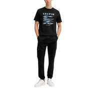 Calvin Klein noir t-shirt pantalon noir automne-hiver en coton mélangé avec logo Kleen bleu clair superposé