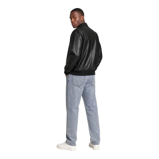 Calvin Klein Jeans Blouson aviateur en cuir noir pour homme, col classique, poignets côtelés, 100% polyester, taille L