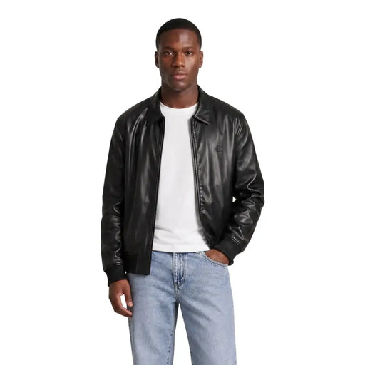 Veste bomber en cuir noir Calvin Klein Jeans pour homme, avec logo discret sur la poitrine gauche et fermeture éclair en polyester, taille L