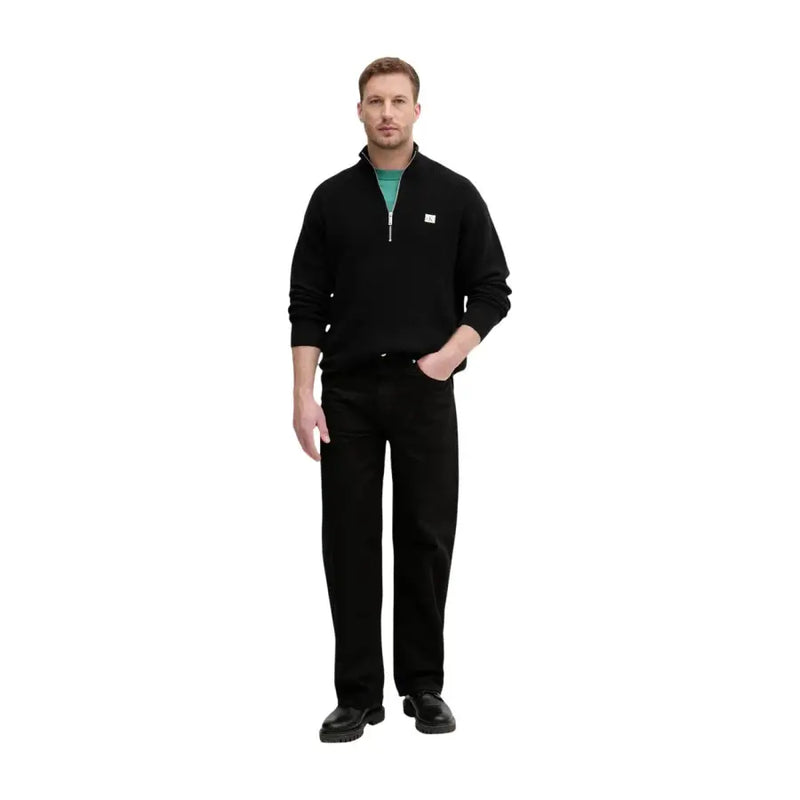 Calvin Klein Jeans Pull homme en maille de coton noir à col zippé et petit logo blanc sur la poitrine