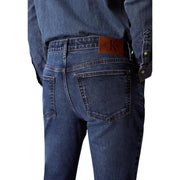 Back side of calvin klein jeans men blue cotton denim jeans featuring a brown leather brand patch on waistband