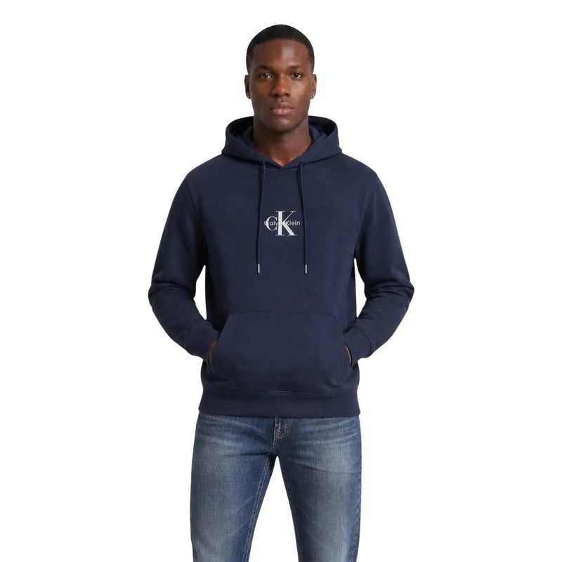 Navy blue calvin klein jeans men cotton sweatshirt with white logo and drawstrings front view hoodie design