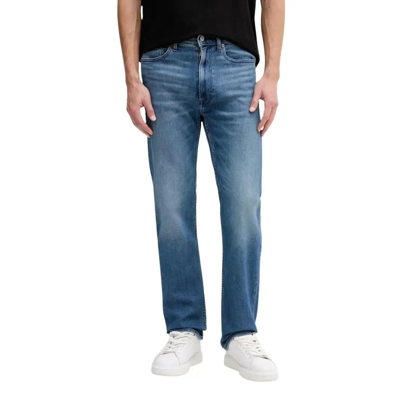Calvin Klein Jean homme bleu à poches zippées, coupe classique droite en denim délavé moyen, cinq poches