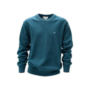 Calvin Klein Jeans Pull homme en coton vert à col rond, orné d'un logo blanc brodé discret sur la poitrine et d'un liseré turquoise.