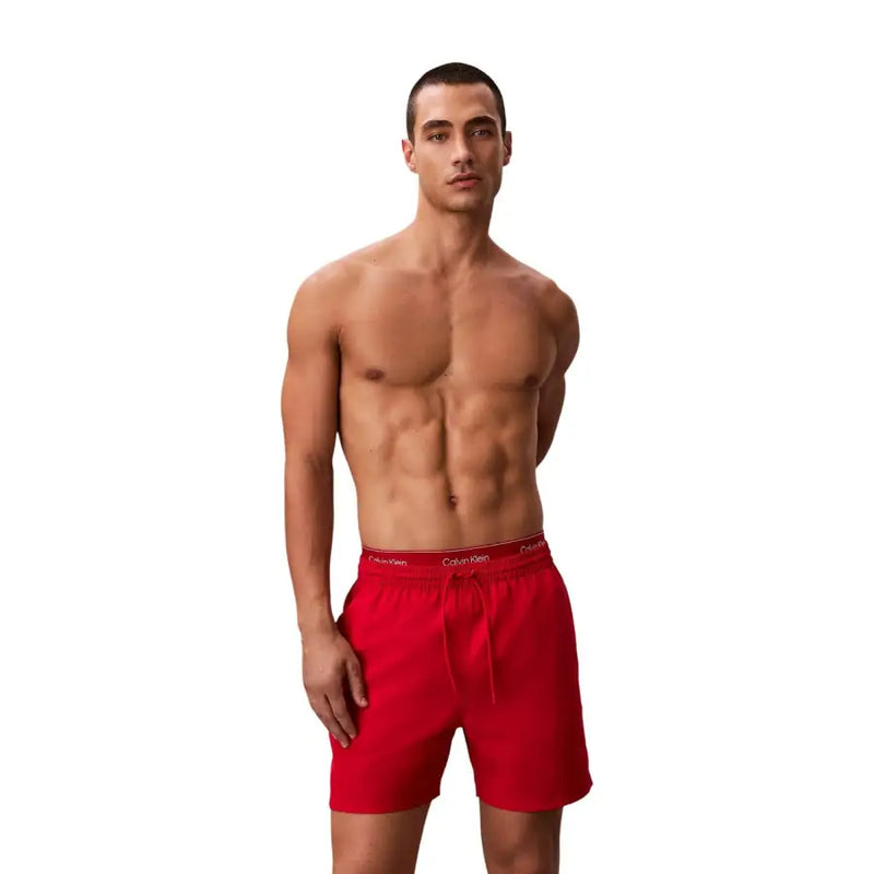 Calvin klein jeans men red swim trunks with drawstring waistband suitable for medium grey swimwear collection