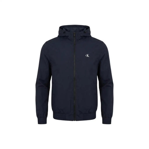 bleu marine Calvin Klein Jeans Veste zippée à capuche pour homme en polyester avec logo blanc sur la poitrine, idéale pour un style décontracté.